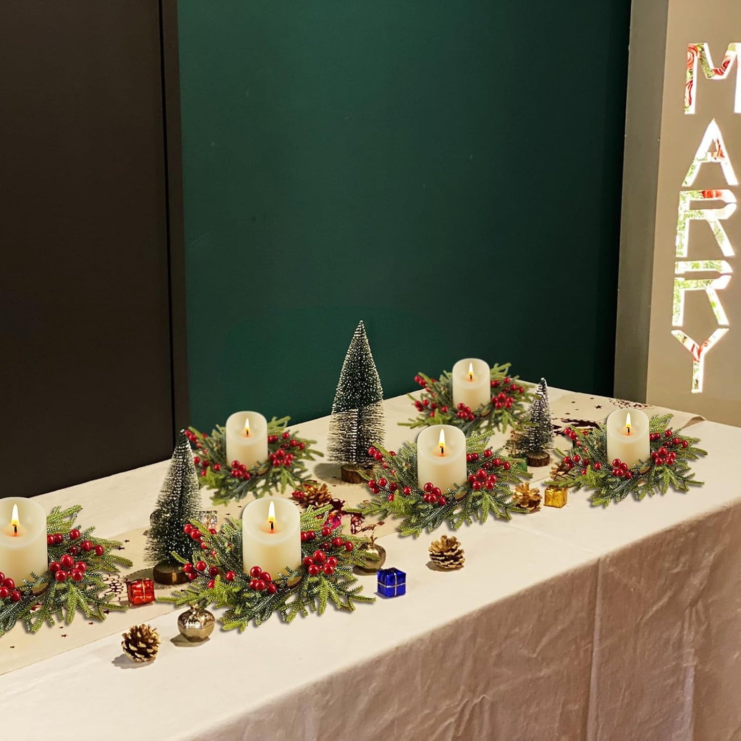 Berried Foliage Candle Ring 11 cm Festive Greenery Wreath for Table Decor, Holiday Centerpieces, Rustic Christmas Accents, Artificial Berry and Leaf Ring for Votive and Pillar Candles
