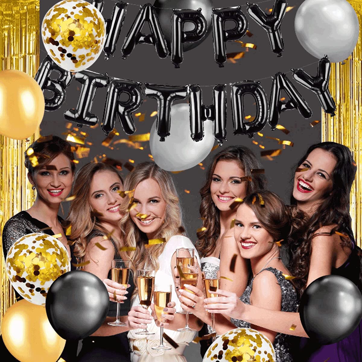 Black and Gold Party Decorations Confetti Balloons with Banner Star and Heart Stylish Celebration Set for Birthdays Weddings Graduations and Special Events
