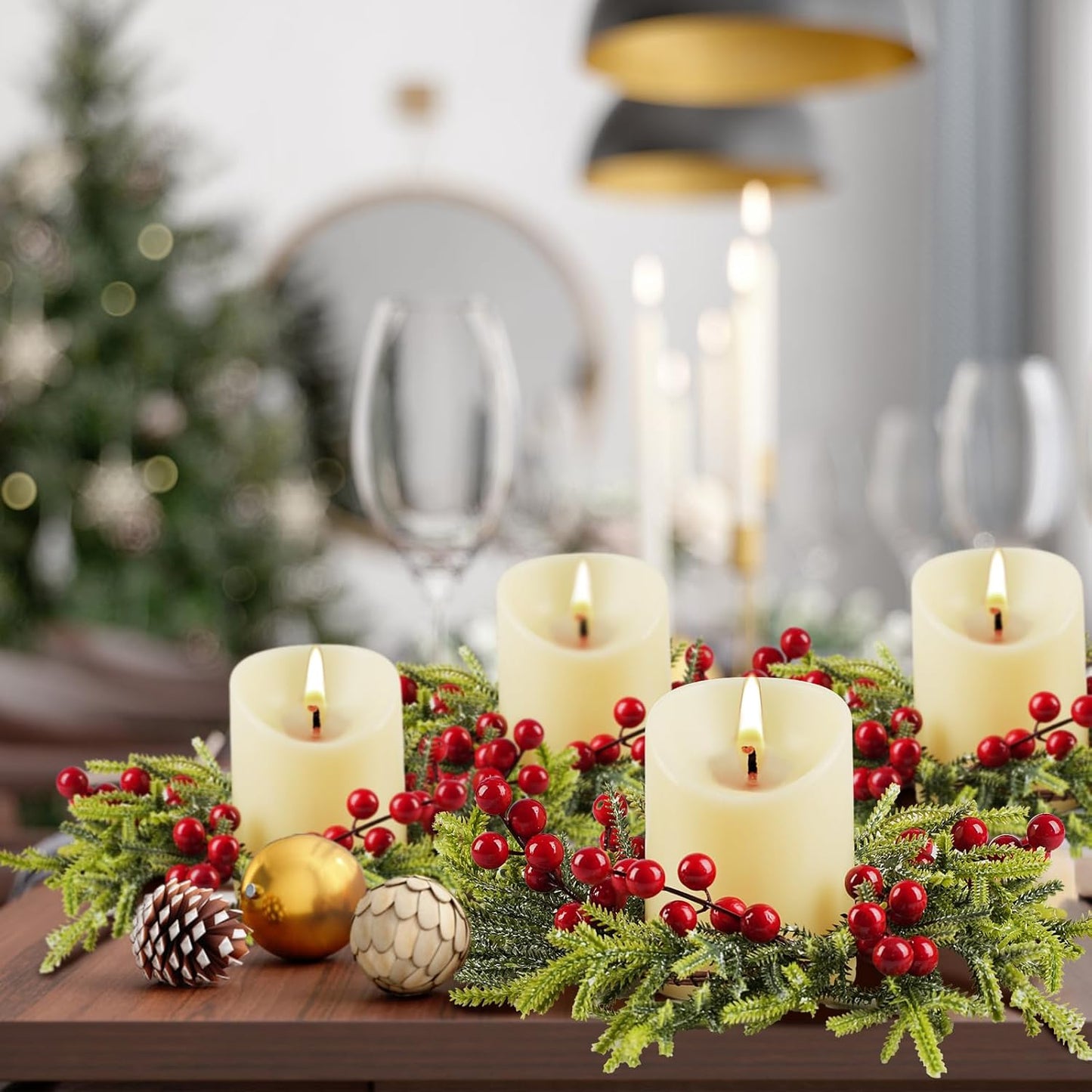 Berried Foliage Candle Ring 11 cm Festive Greenery Wreath for Table Decor, Holiday Centerpieces, Rustic Christmas Accents, Artificial Berry and Leaf Ring for Votive and Pillar Candles