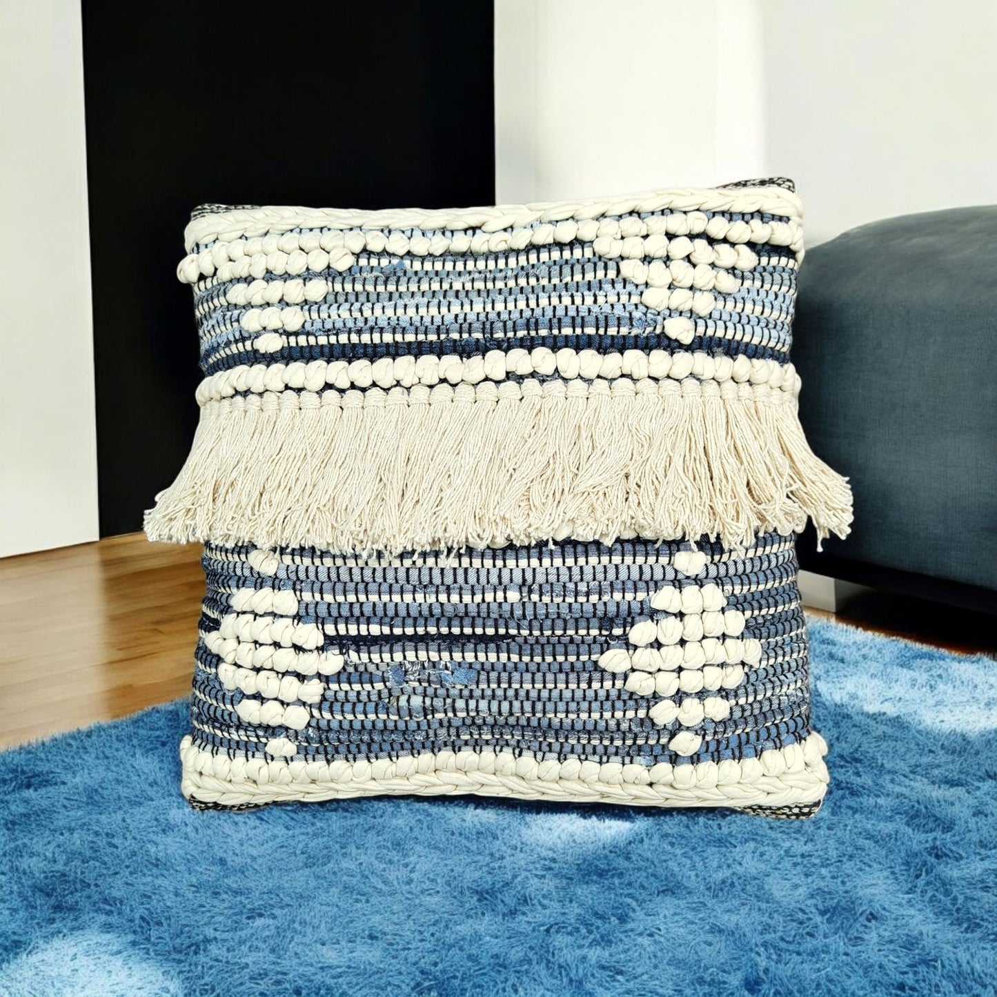 DENIM FRILLED CUSHION 45.7x45.7cm - Soft, Durable Denim Fabric with Stylish Frilled Edges - Perfect Decorative Accent for Living Room, Bedroom, or Office - Comfortable, Lightweight, and Easy to Maintain