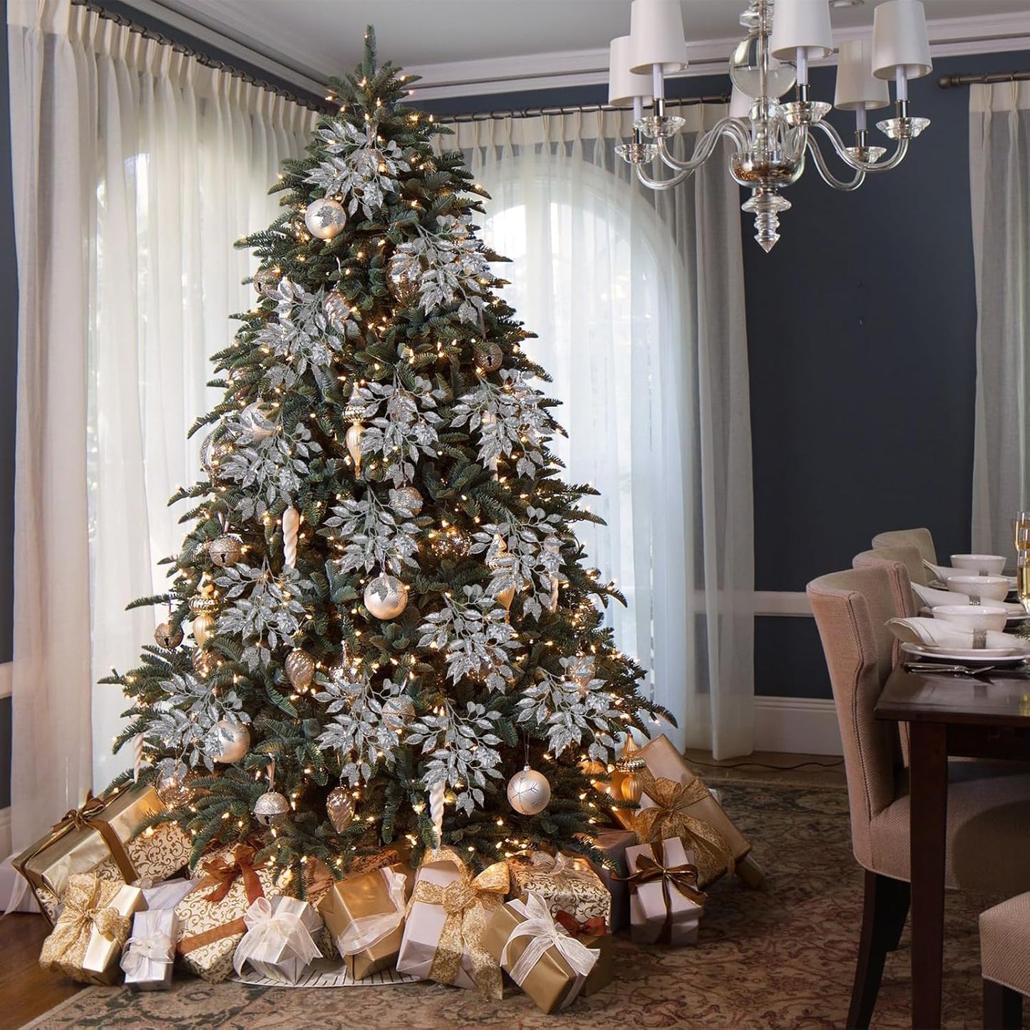 Glitter Silver Branch Elegant Christmas Decoration with Sparkling Finish, Festive Accent for Floral Arrangements, Wreaths, and Holiday Displays