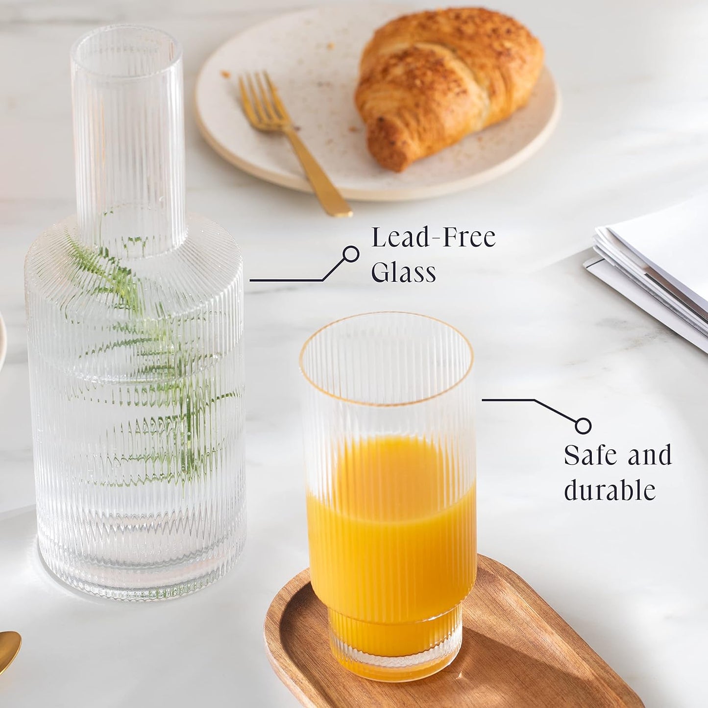 Ripple Carafe Elegant Ribbed Glass Pitcher for Water Juice Wine and Cocktails Durable Lead-Free Glass Modern Textured Design for Home Bar and Restaurant Use