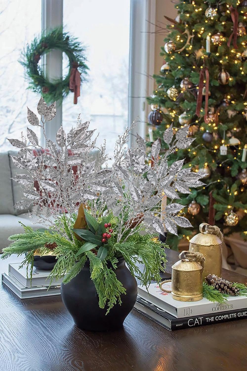 Glitter Silver Branch Elegant Christmas Decoration with Sparkling Finish, Festive Accent for Floral Arrangements, Wreaths, and Holiday Displays