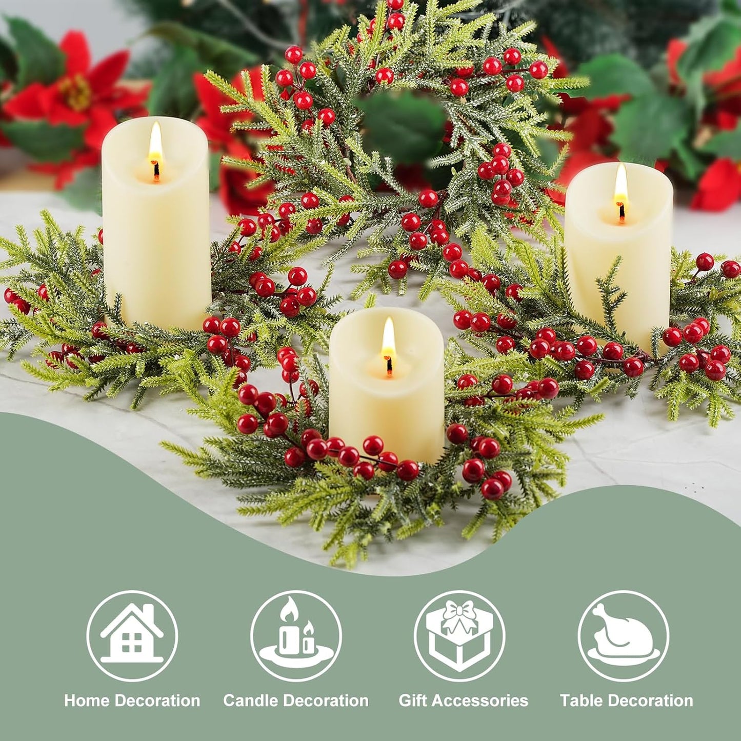 Berried Foliage Candle Ring 11 cm Festive Greenery Wreath for Table Decor, Holiday Centerpieces, Rustic Christmas Accents, Artificial Berry and Leaf Ring for Votive and Pillar Candles