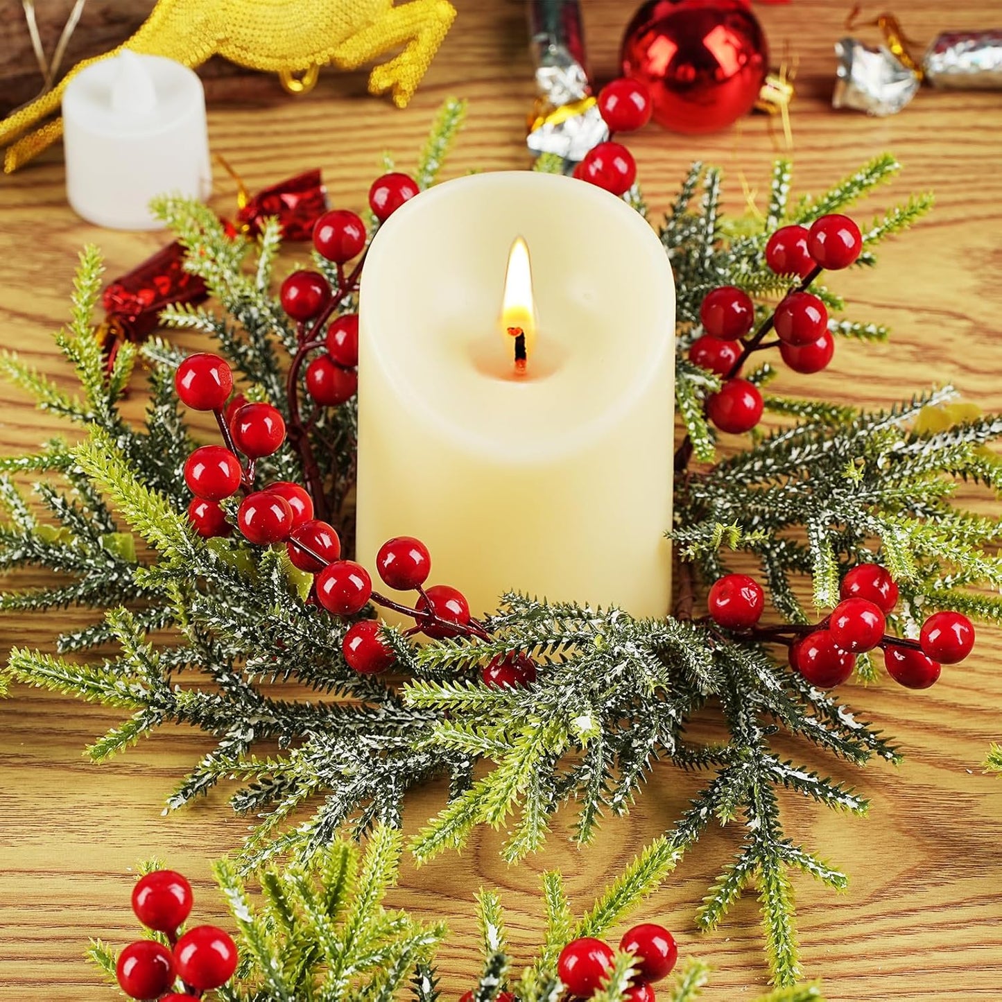Berried Foliage Candle Ring 11 cm Festive Greenery Wreath for Table Decor, Holiday Centerpieces, Rustic Christmas Accents, Artificial Berry and Leaf Ring for Votive and Pillar Candles