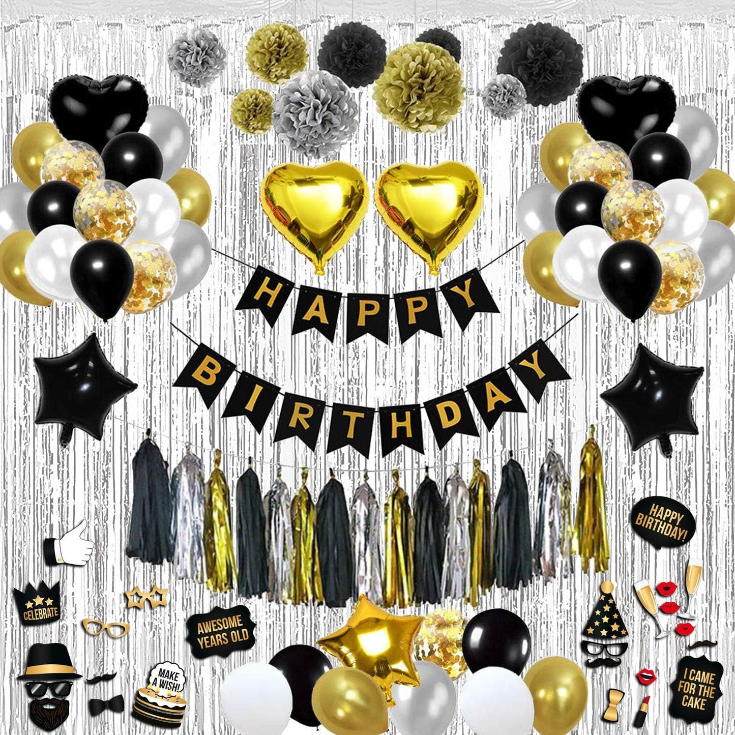 Black and Gold Party Decorations Confetti Balloons with Banner Star and Heart Stylish Celebration Set for Birthdays Weddings Graduations and Special Events