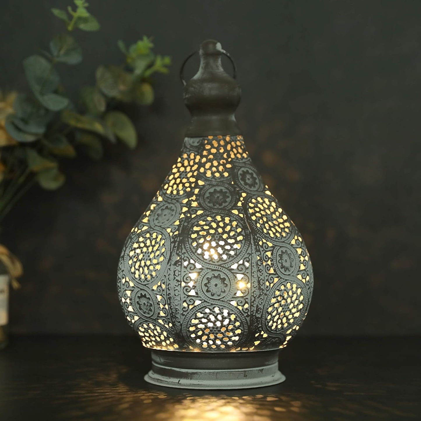 Moroccan-style vintage battery-operated lamp – decorative outdoor/indoor battery-powered lantern with intricate design, warm ambient lighting for home décor, patio, weddings, and festive occasions, portable and elegant.