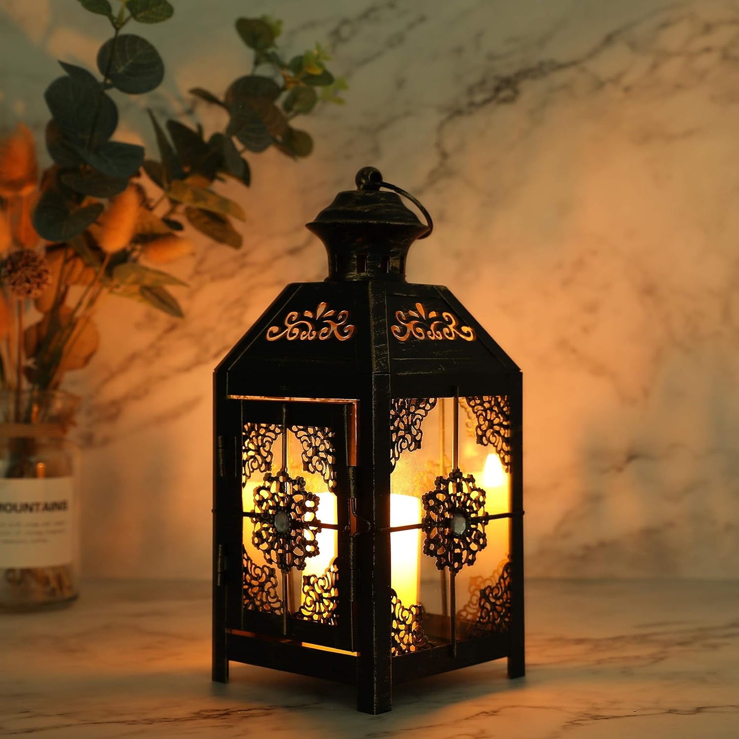 Black antique metal wind candle lantern – vintage retro hanging lantern with rusted metal & glass, classic design with handle for easy carrying, perfect for home décor, outdoor lighting, weddings, and rustic-themed settings.