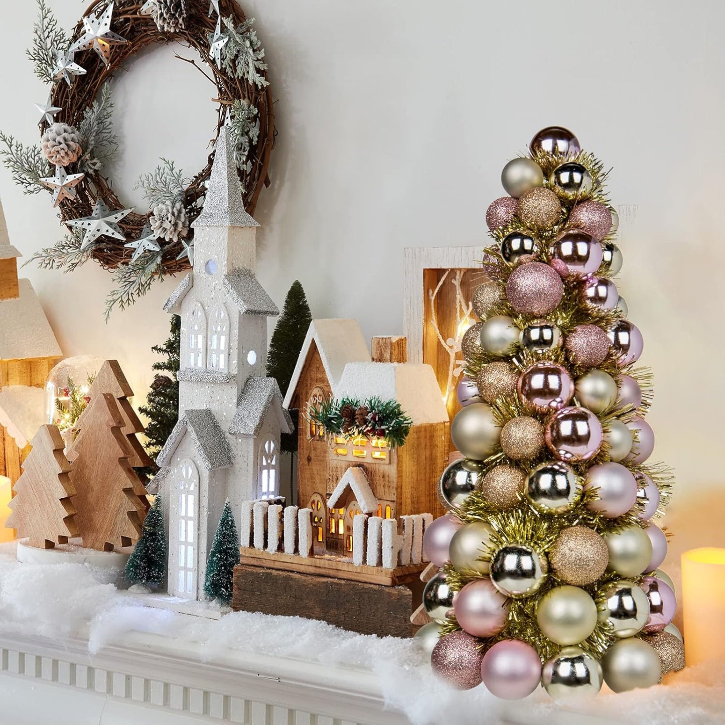 Pink Champagne Bauble Cone 40 cm Elegant Christmas Tabletop Decoration, Festive Ornament Tree with Shatterproof Baubles, Holiday Centerpiece for Mantels, Shelves, and Seasonal Displays
