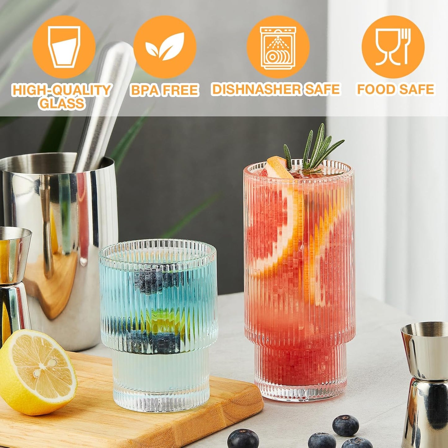 Ripple Highball Glass Modern Textured Tall Glassware for Cocktails Water and Juice Durable Lead-Free Glass Elegant Ribbed Design for Home Bar Restaurants and Everyday Use