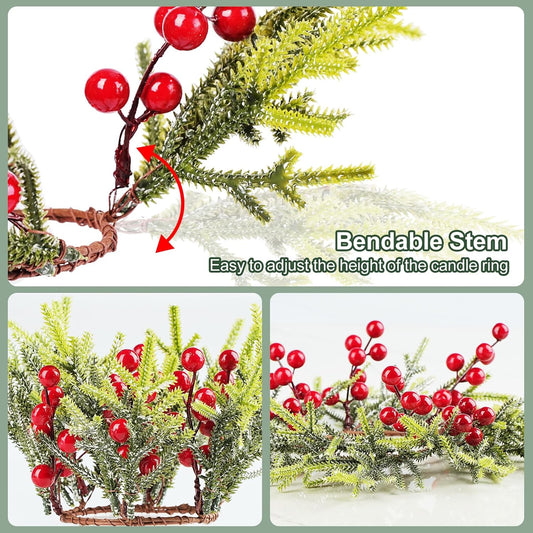 Berried Foliage Candle Ring 11 cm Festive Greenery Wreath for Table Decor, Holiday Centerpieces, Rustic Christmas Accents, Artificial Berry and Leaf Ring for Votive and Pillar Candles
