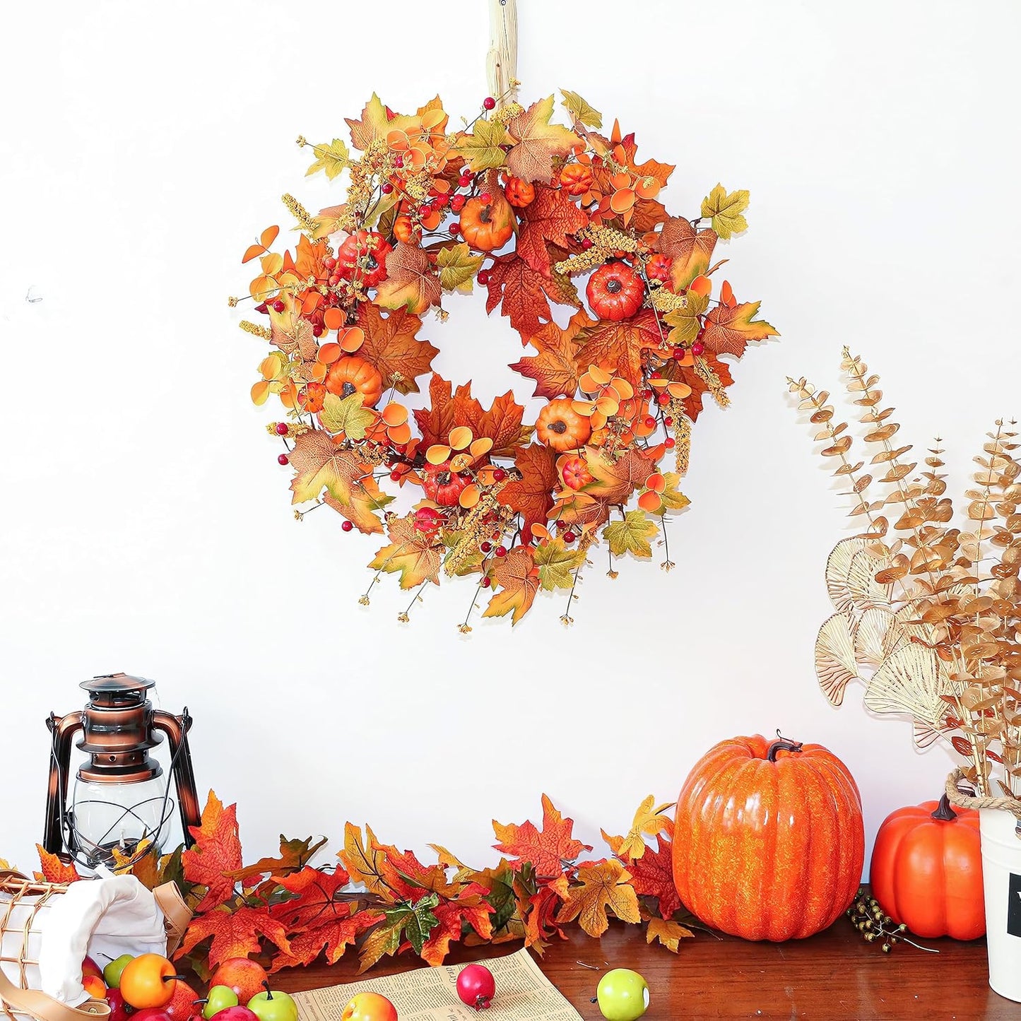 Pumpkin Berry Wreath 40 cm - Festive Autumn Wreath with Pumpkins, Berries, and Fall Foliage - Perfect for Front Doors, Walls, Mantels, and Seasonal Displays