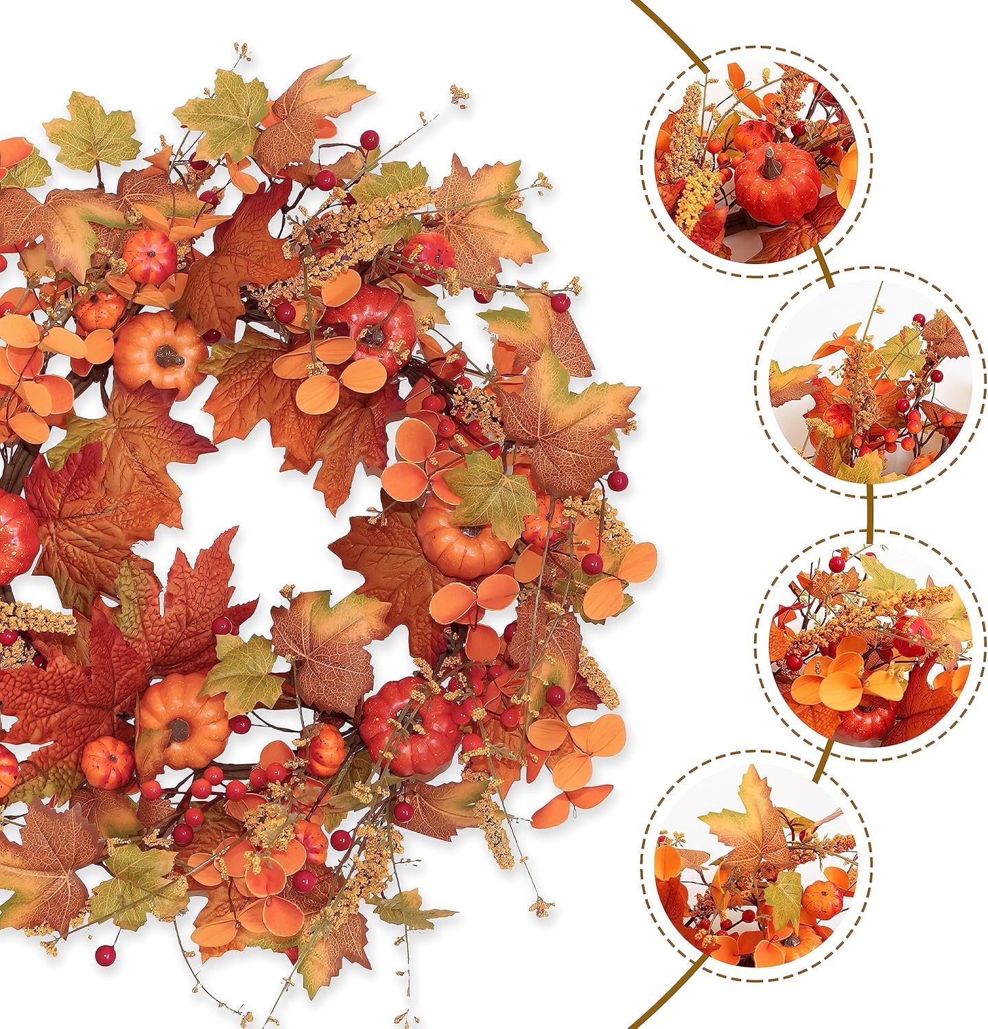 Pumpkin Berry Wreath 40 cm - Festive Autumn Wreath with Pumpkins, Berries, and Fall Foliage - Perfect for Front Doors, Walls, Mantels, and Seasonal Displays