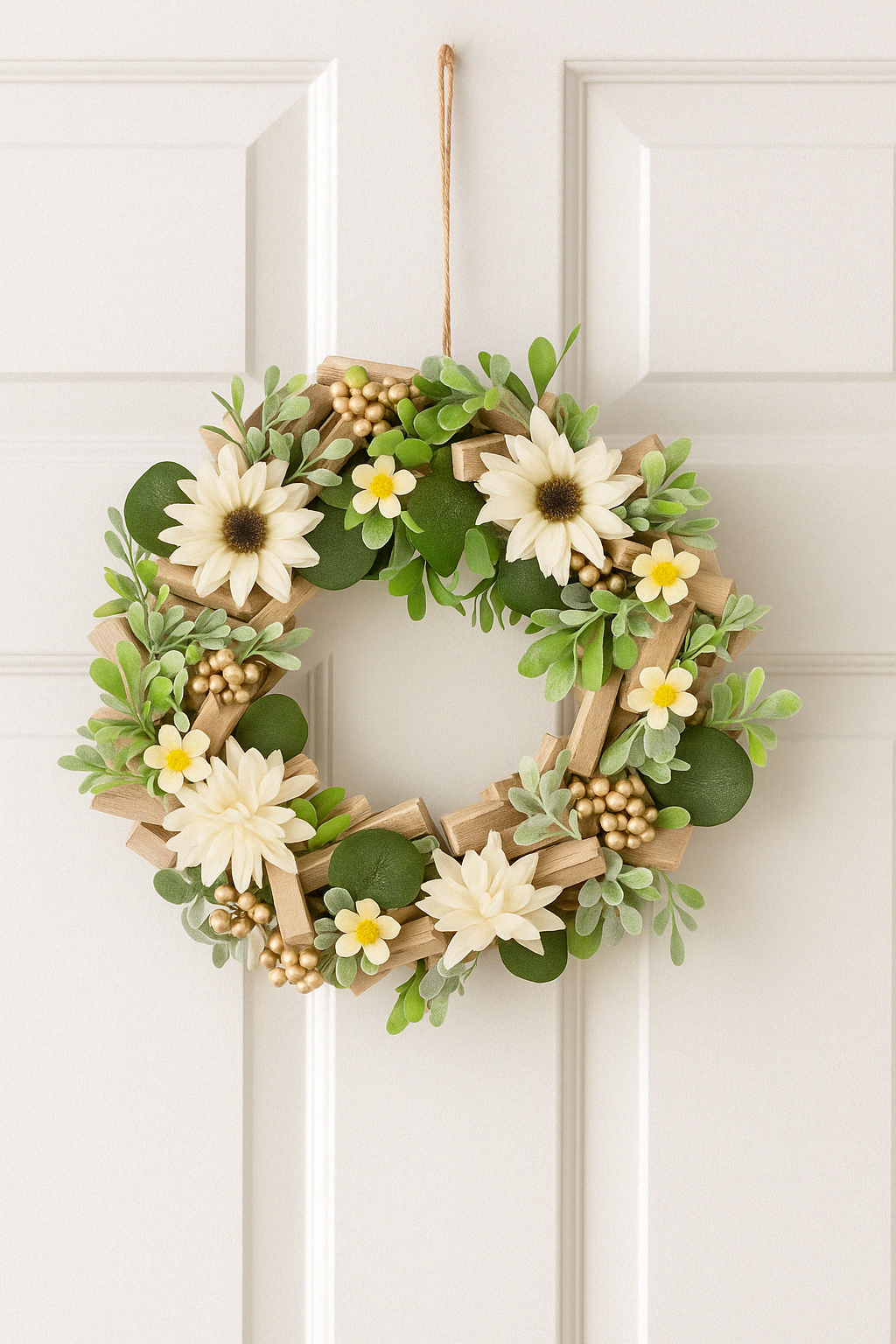 Daisy Wood Wreath 33 cm - Rustic Wooden Wreath with Delicate Daisy Accents - Perfect for Home Décor, Door Hanging, and Seasonal Displays