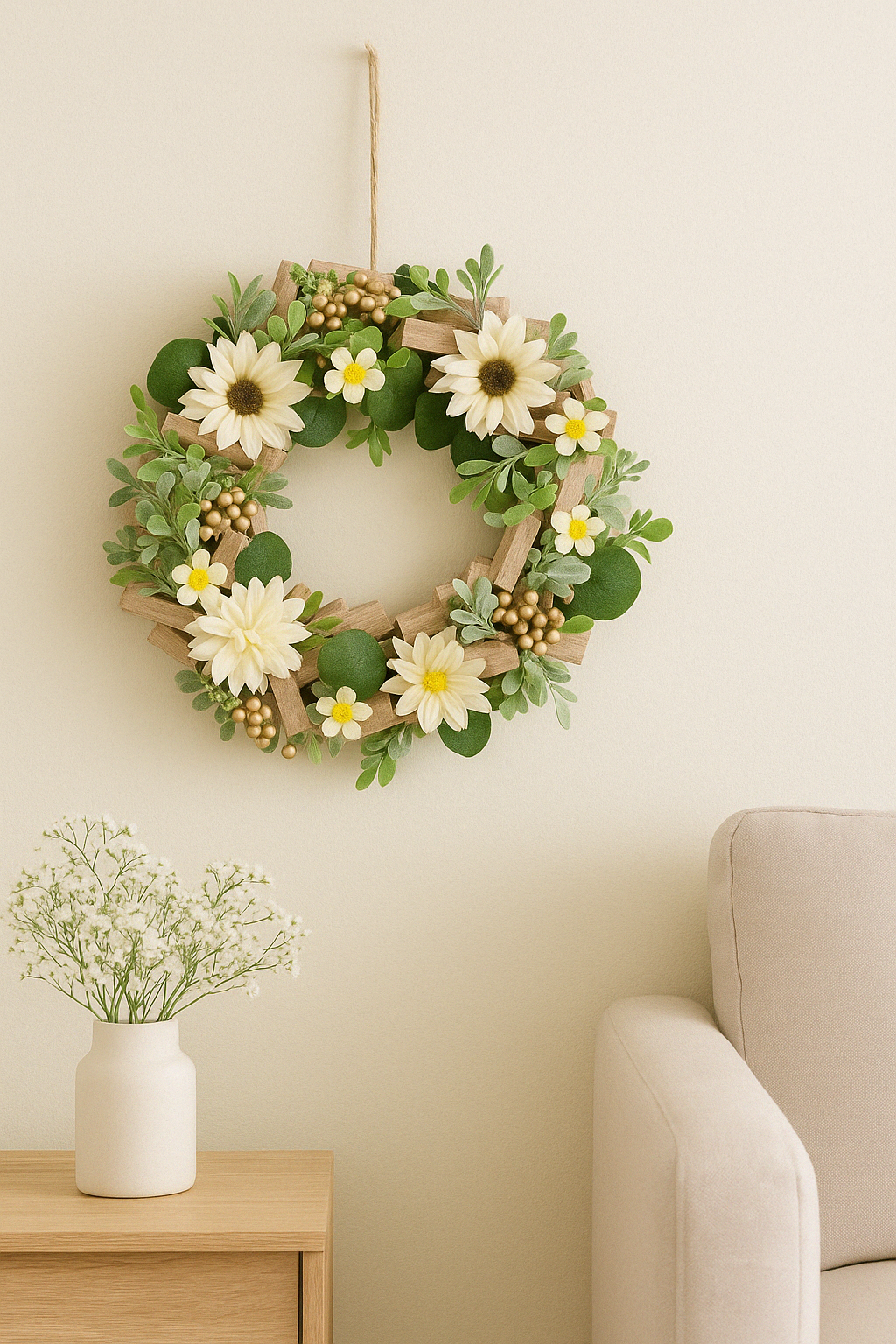 Daisy Wood Wreath 33 cm - Rustic Wooden Wreath with Delicate Daisy Accents - Perfect for Home Décor, Door Hanging, and Seasonal Displays