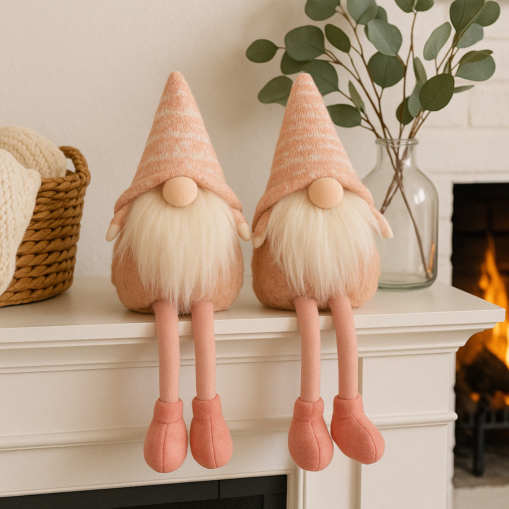 Whimsy Blush Sitting Gnome (Set of 2) – Adorable Decorative Gnome Figurines with Soft Blush Tones – Perfect for Holiday Displays, Mantels, Shelves, and Whimsical Home Décor