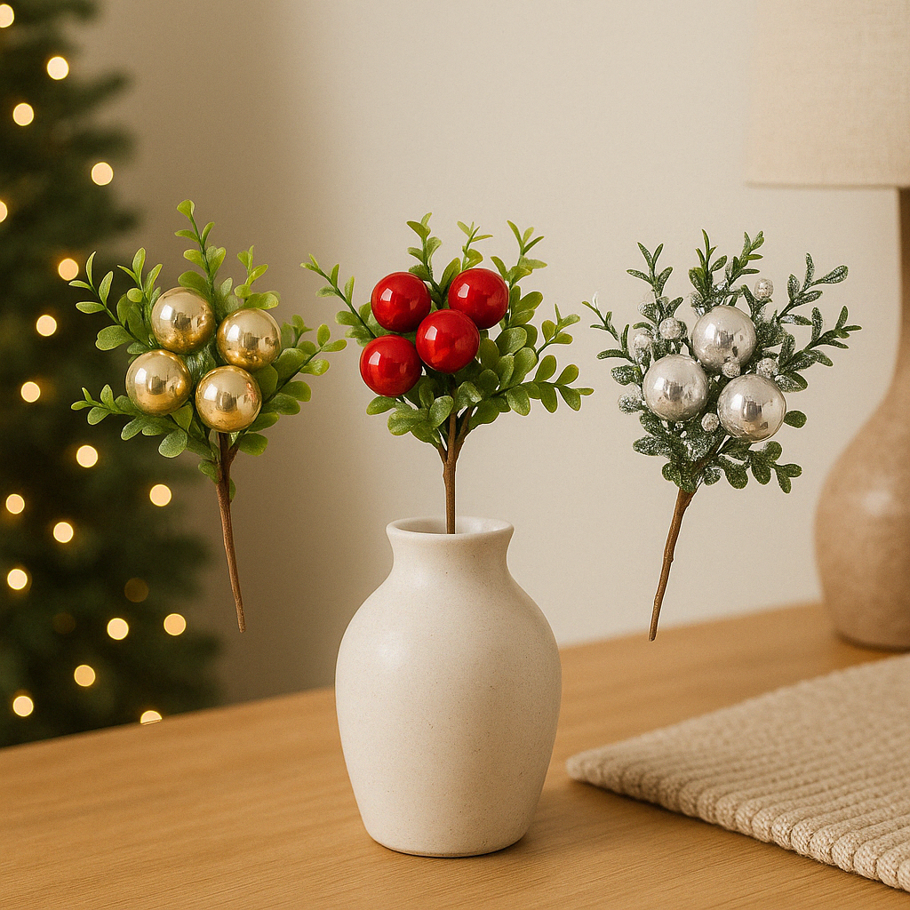 Eucalyptus & Bauble Pick (Set of 3) – Festive Artificial Picks with Eucalyptus Leaves and Decorative Baubles – Perfect for Holiday Arrangements, Wreaths, Garlands, and Seasonal Décor
