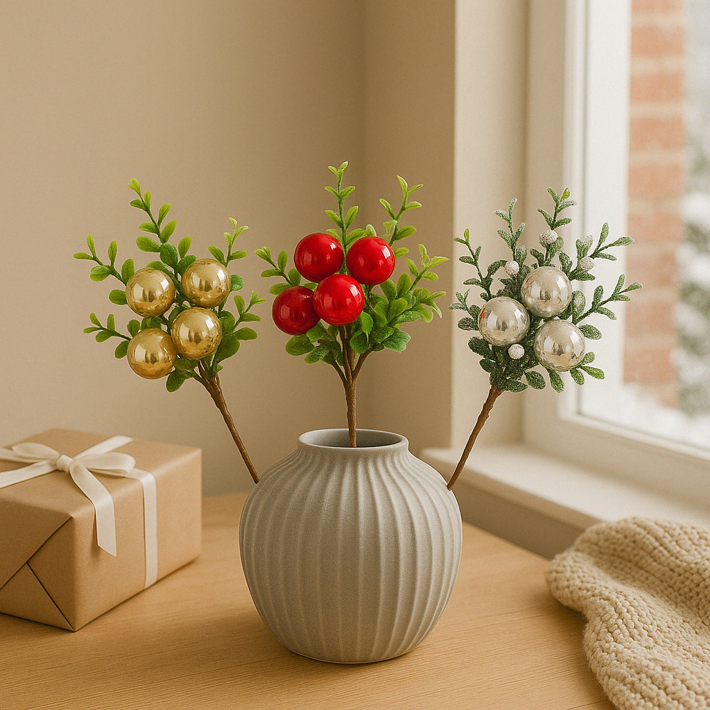 Eucalyptus & Bauble Pick (Set of 3) – Festive Artificial Picks with Eucalyptus Leaves and Decorative Baubles – Perfect for Holiday Arrangements, Wreaths, Garlands, and Seasonal Décor