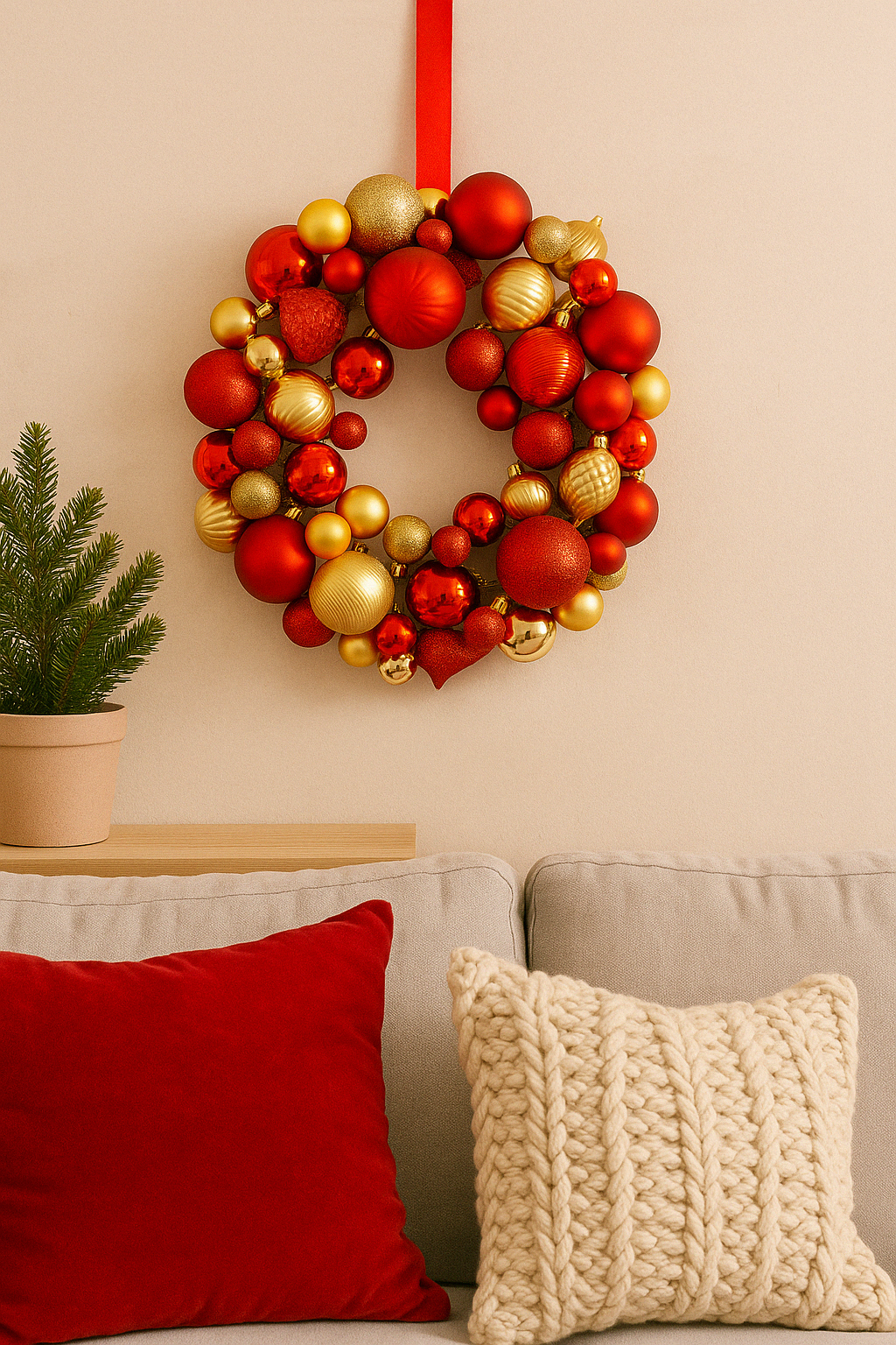 Red & Gold Shatterproof Bauble Wreath 33 cm Festive Christmas Decoration for Doors, Walls, and Mantels, Holiday Ornament Wreath with Glitter Accents for Seasonal Home Styling
