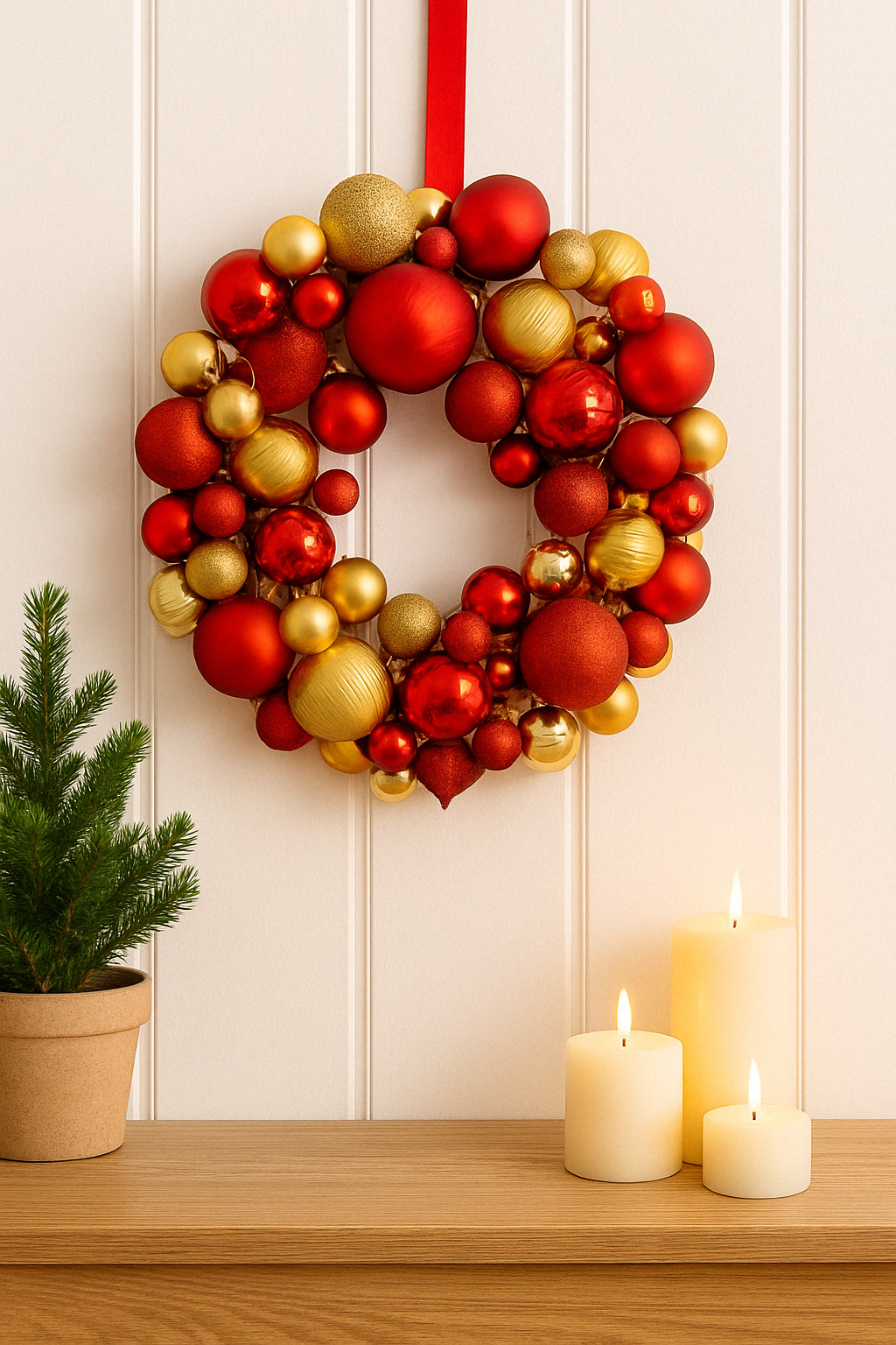 Red & Gold Shatterproof Bauble Wreath 33 cm Festive Christmas Decoration for Doors, Walls, and Mantels, Holiday Ornament Wreath with Glitter Accents for Seasonal Home Styling