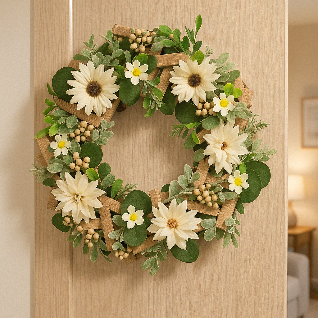 Daisy Wood Wreath 33 cm - Rustic Wooden Wreath with Delicate Daisy Accents - Perfect for Home Décor, Door Hanging, and Seasonal Displays