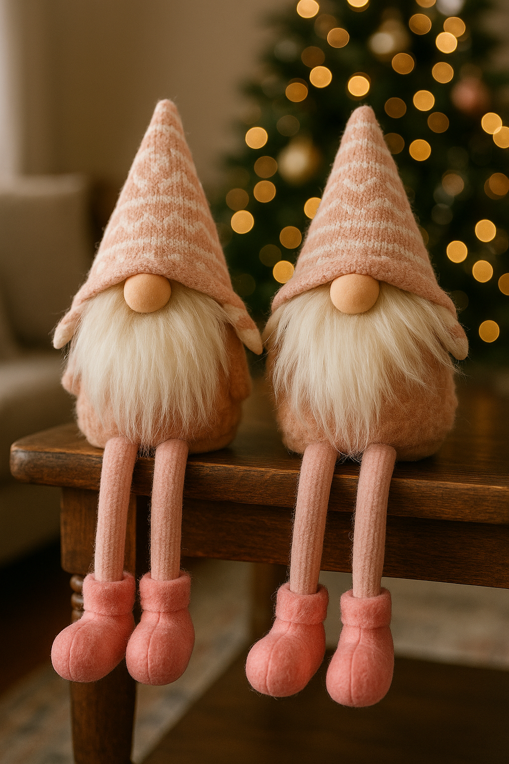 Whimsy Blush Sitting Gnome (Set of 2) – Adorable Decorative Gnome Figurines with Soft Blush Tones – Perfect for Holiday Displays, Mantels, Shelves, and Whimsical Home Décor