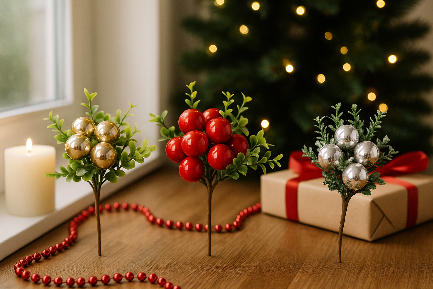 Eucalyptus & Bauble Pick (Set of 3) – Festive Artificial Picks with Eucalyptus Leaves and Decorative Baubles – Perfect for Holiday Arrangements, Wreaths, Garlands, and Seasonal Décor