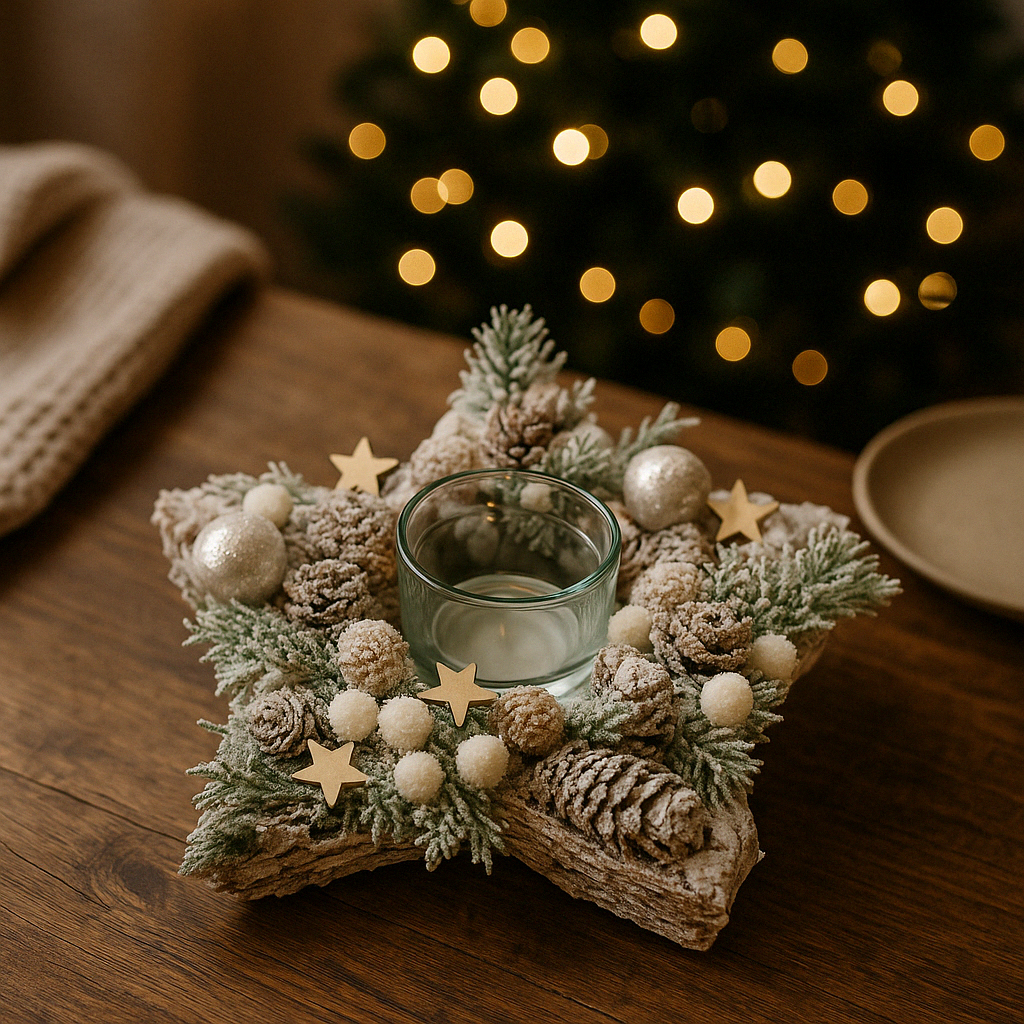 Frosted Twig Star Votive Holder Rustic Candle Lantern for Christmas Decor, Winter Centerpieces, Tabletop Accent, Holiday Home Styling, Cozy Ambient Lighting with Star-Shaped Twig Design