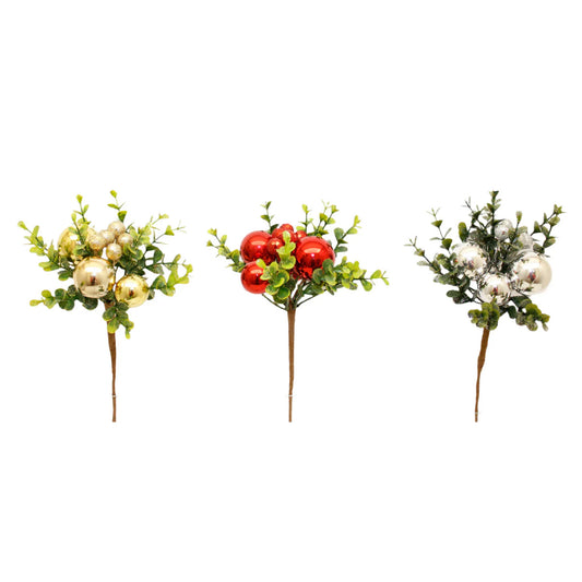 Eucalyptus & Bauble Pick (Set of 3) – Festive Artificial Picks with Eucalyptus Leaves and Decorative Baubles – Perfect for Holiday Arrangements, Wreaths, Garlands, and Seasonal Décor
