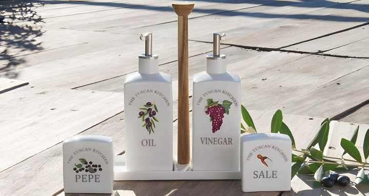 Tuscan Kitchen Porcelain Set - 330ml Oil/Vinegar Dispenser and 80ml Salt/Pepper Shakers with Oil Pourer - Elegant and Functional for Dining Tables and Kitchen Use