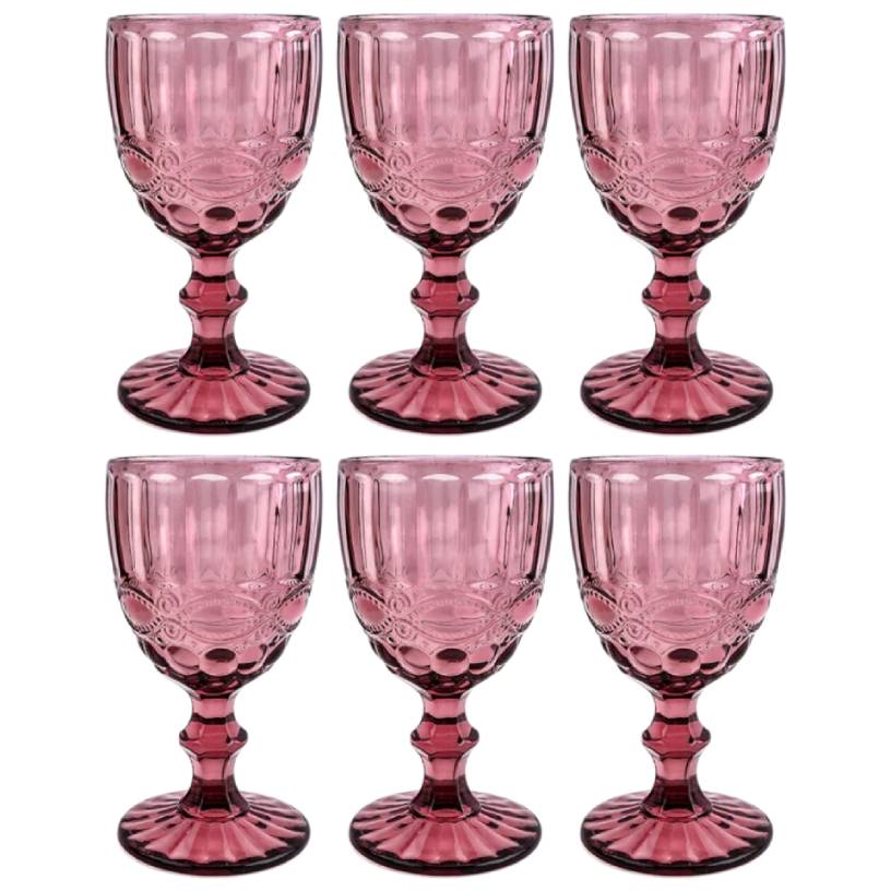 300ml Pink Victorian Vintage Wine Glass Set of 6 - Sustainable Glass, Elegant Design for Wine Enthusiasts