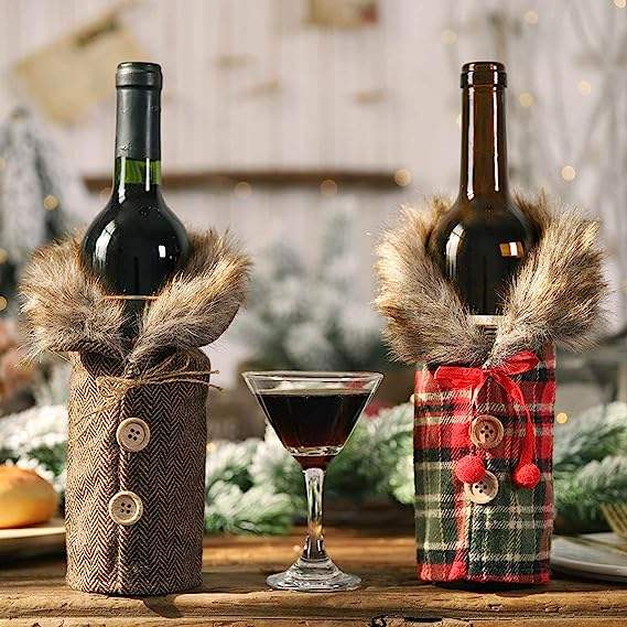 Christmas Wine Bottle Cover - Plaid Sweater Design with Faux Fur - Wine Bottle Holder Pouch for Xmas Dinner Party - Festive and Fun Holiday Decoration for Wine Bottles