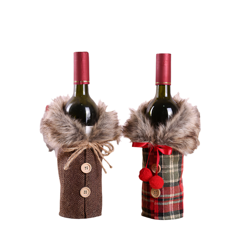Christmas Wine Bottle Cover - Plaid Sweater Design with Faux Fur - Wine Bottle Holder Pouch for Xmas Dinner Party - Festive and Fun Holiday Decoration for Wine Bottles