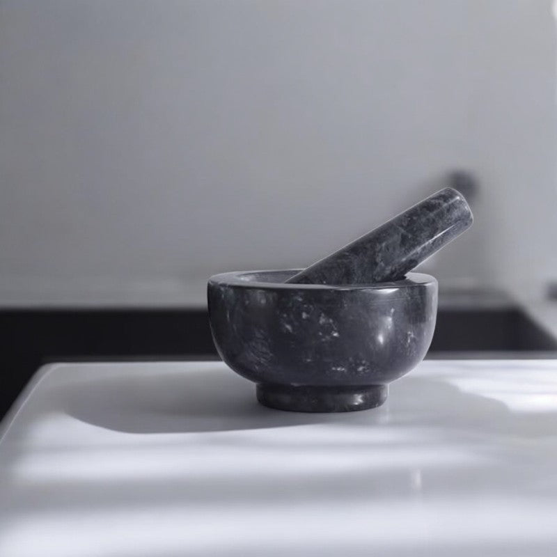 Engraved Black Granite & Natural Marble Mortar and Pestle Set - Handcrafted Ginger Garlic Press, Crusher, and Chopper - Small Size for Efficient Grinding and Crushing in Kitchen or Culinary Use