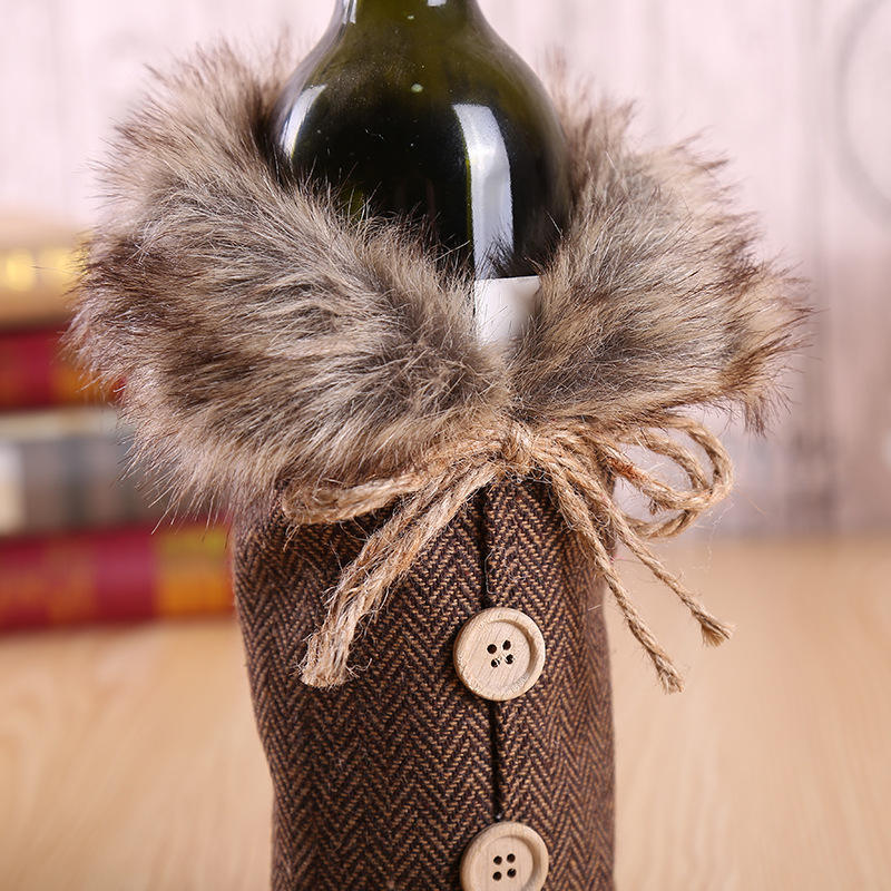 Christmas Wine Bottle Cover - Plaid Sweater Design with Faux Fur - Wine Bottle Holder Pouch for Xmas Dinner Party - Festive and Fun Holiday Decoration for Wine Bottles