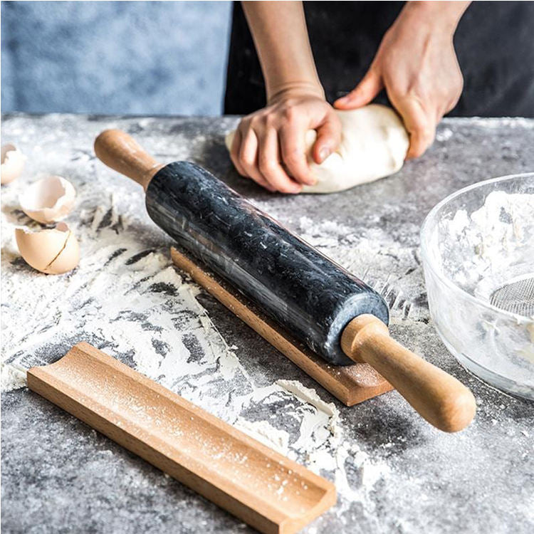 Marble Rolling Pin with Wooden Base - Durable and Elegant Baking Tool - Smooth Surface for Rolling Dough - Perfect for Pastries, Pizza, and More