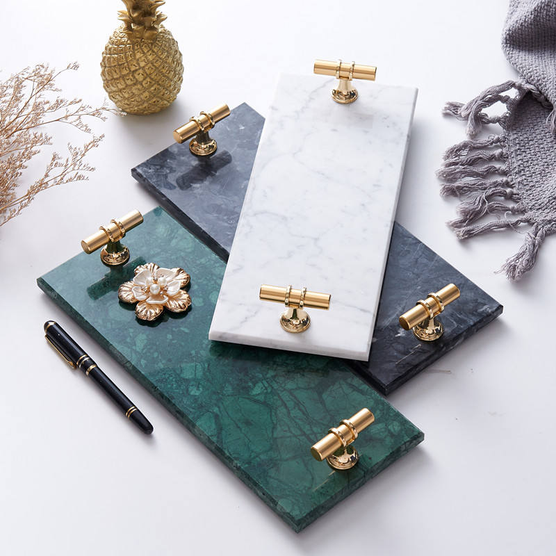 Antique Rectangle Serving Tray - Grey and Black Marble Decorative Tray with Handles - Elegant Home Decor Piece for Serving or Display in Living Room, Kitchen, or Dining Area