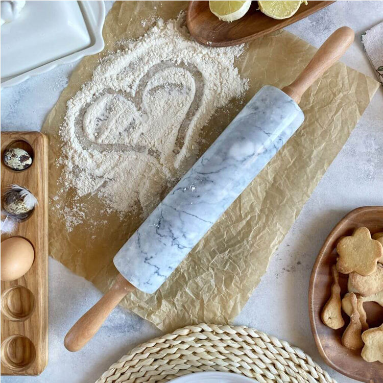 Marble Rolling Pin with Wooden Base - Durable and Elegant Baking Tool - Smooth Surface for Rolling Dough - Perfect for Pastries, Pizza, and More