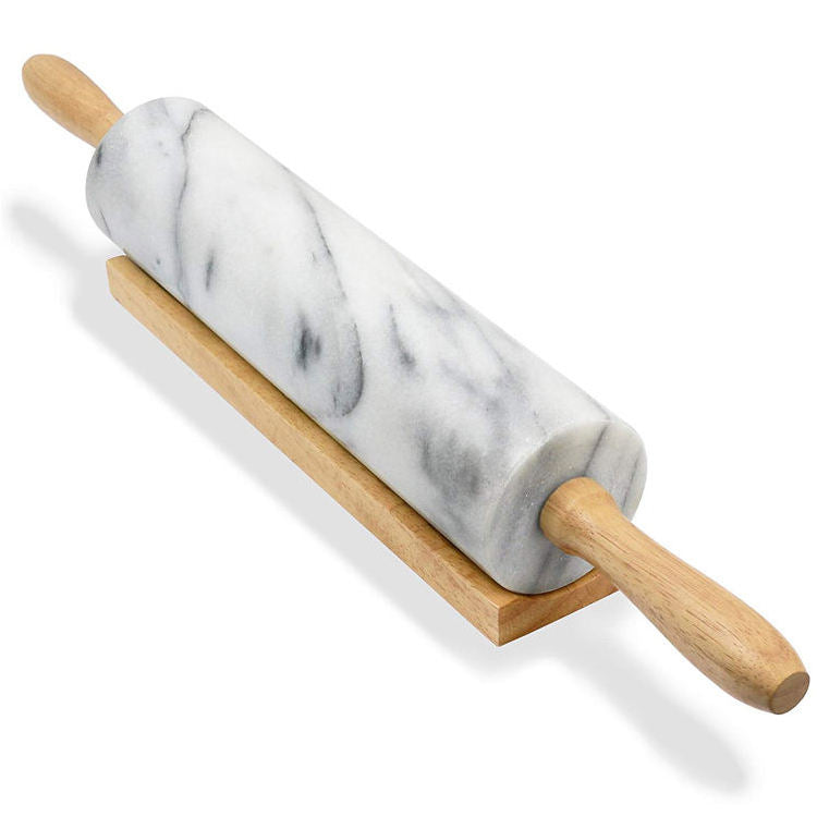 Marble Rolling Pin with Wooden Base - Durable and Elegant Baking Tool - Smooth Surface for Rolling Dough - Perfect for Pastries, Pizza, and More