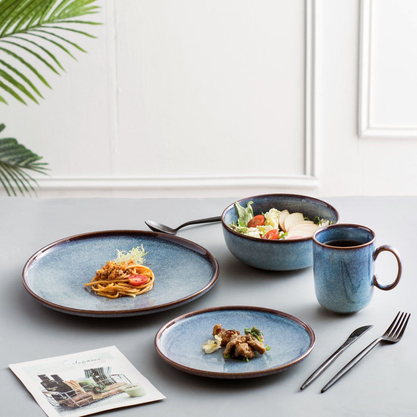 Reunion Stars Blue Stoneware Crockery Set - 16-Piece Dinnerware Set - Elegant and Durable for Dining, Serving, and Entertaining with a Starry, Contemporary Design