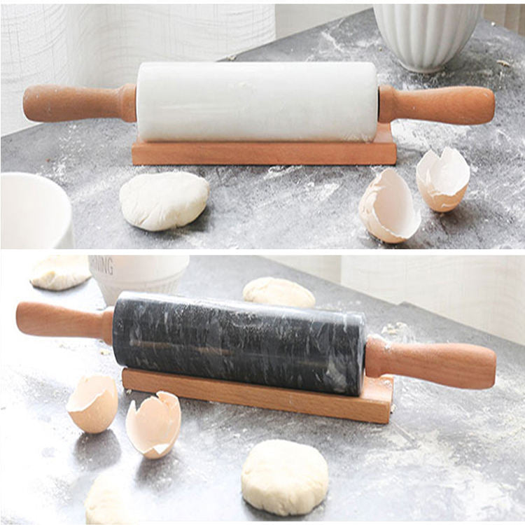 Marble Rolling Pin with Wooden Base - Durable and Elegant Baking Tool - Smooth Surface for Rolling Dough - Perfect for Pastries, Pizza, and More