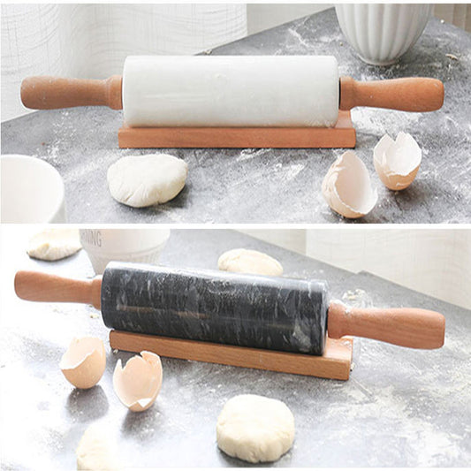 Marble Rolling Pin with Wooden Base - Durable and Elegant Baking Tool - Smooth Surface for Rolling Dough - Perfect for Pastries, Pizza, and More