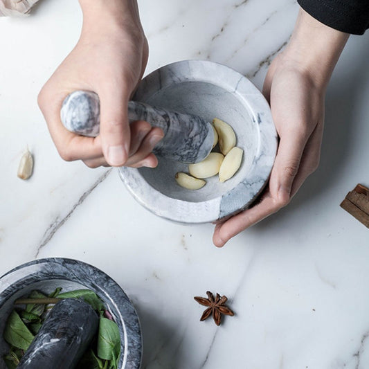 Engraved Black Granite & Natural Marble Mortar and Pestle Set - Handcrafted Ginger Garlic Press, Crusher, and Chopper - Small Size for Efficient Grinding and Crushing in Kitchen or Culinary Use