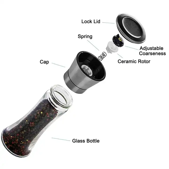 Manual Stainless Steel Spice Grinder - Salt and Pepper Mill with Portable Glass Bottle - Adjustable Coarseness for Fresh Grinding - Stylish and Practical for Kitchen or Dining Table Use