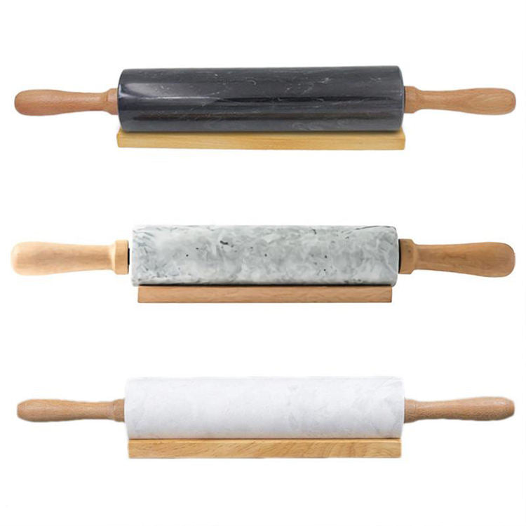 Marble Rolling Pin with Wooden Base - Durable and Elegant Baking Tool - Smooth Surface for Rolling Dough - Perfect for Pastries, Pizza, and More
