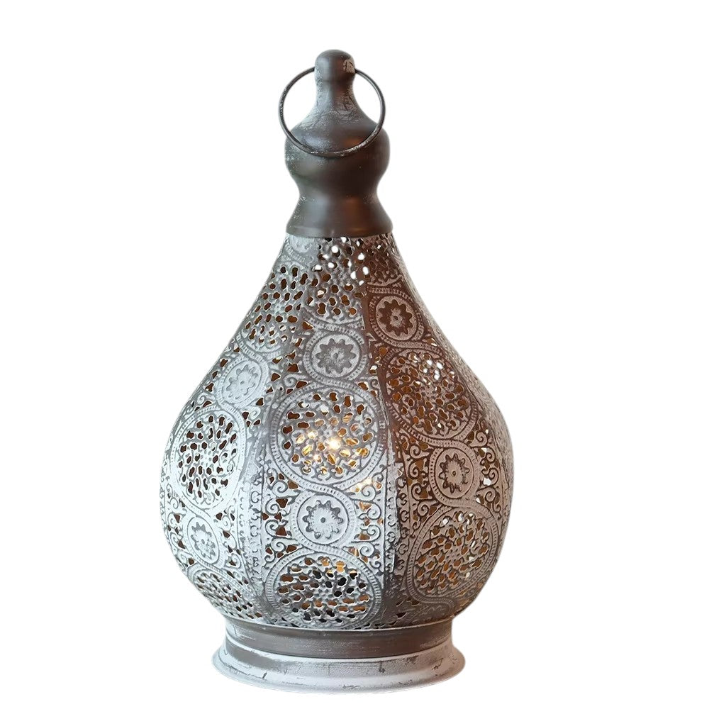 Moroccan-style vintage battery-operated lamp – decorative outdoor/indoor battery-powered lantern with intricate design, warm ambient lighting for home décor, patio, weddings, and festive occasions, portable and elegant.