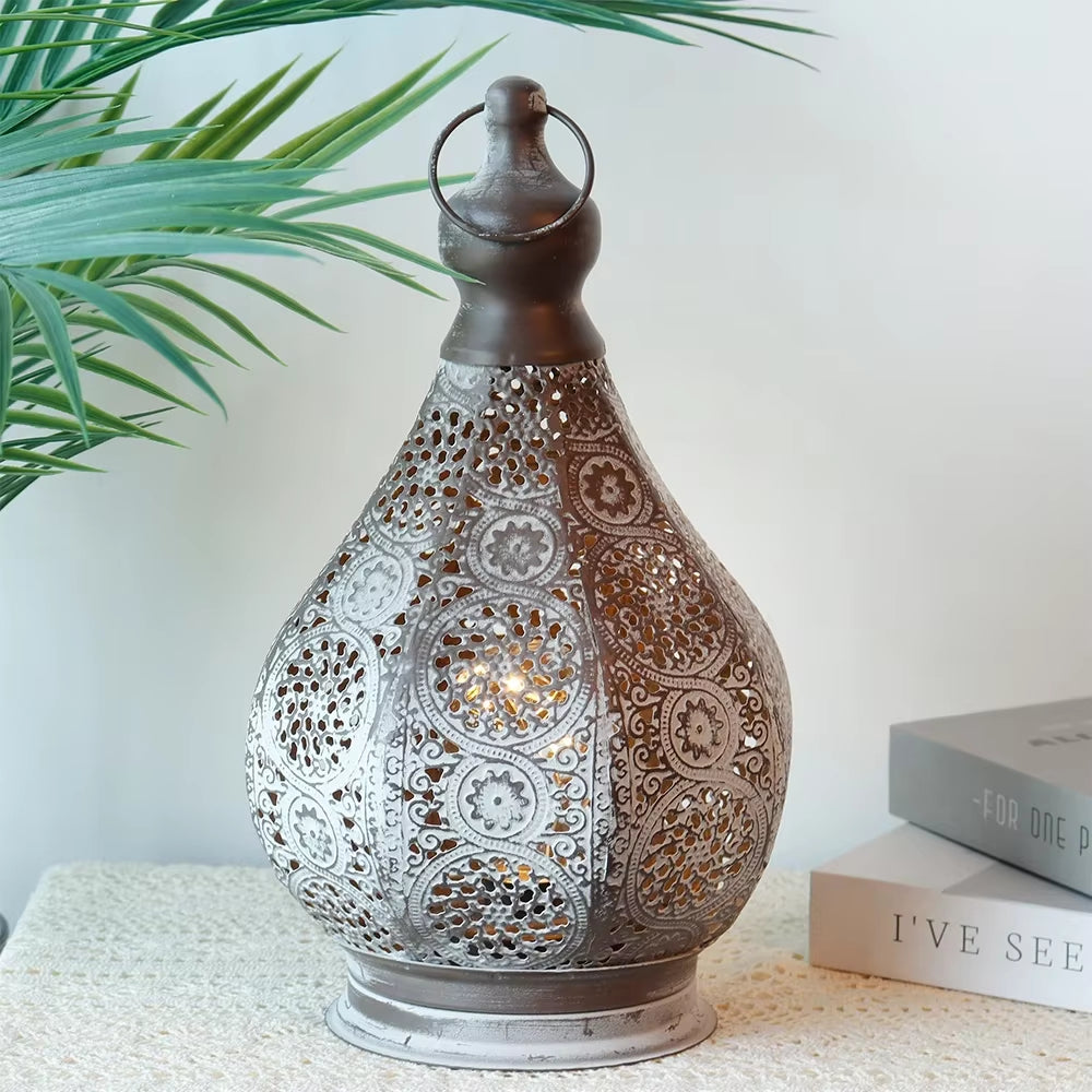 Moroccan-style vintage battery-operated lamp – decorative outdoor/indoor battery-powered lantern with intricate design, warm ambient lighting for home décor, patio, weddings, and festive occasions, portable and elegant.