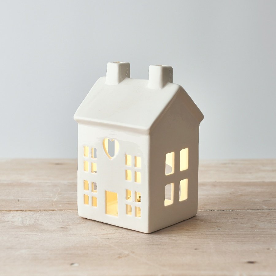 Dainty White House T-Light Holder, 15 cm, Ceramic Tealight Candle Holder, Elegant Mini House Lantern for Home Decor, Cozy Ambient Lighting for Living Room, Bedroom, and Special Occasions