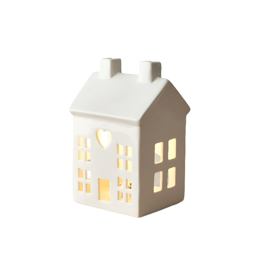 Dainty White House T-Light Holder, 15 cm, Ceramic Tealight Candle Holder, Elegant Mini House Lantern for Home Decor, Cozy Ambient Lighting for Living Room, Bedroom, and Special Occasions