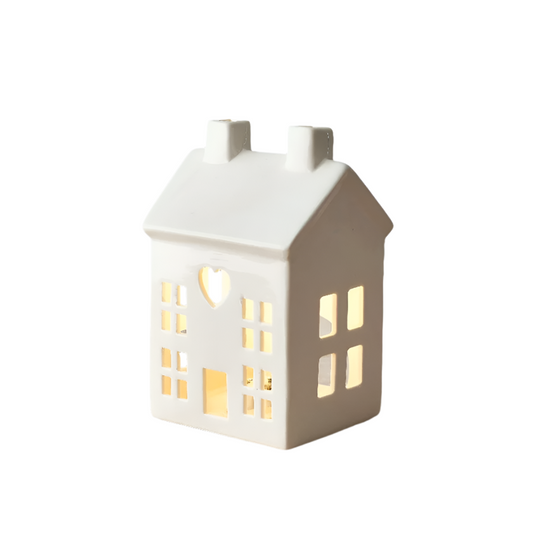 Dainty White House T-Light Holder, 15 cm, Ceramic Tealight Candle Holder, Elegant Mini House Lantern for Home Decor, Cozy Ambient Lighting for Living Room, Bedroom, and Special Occasions